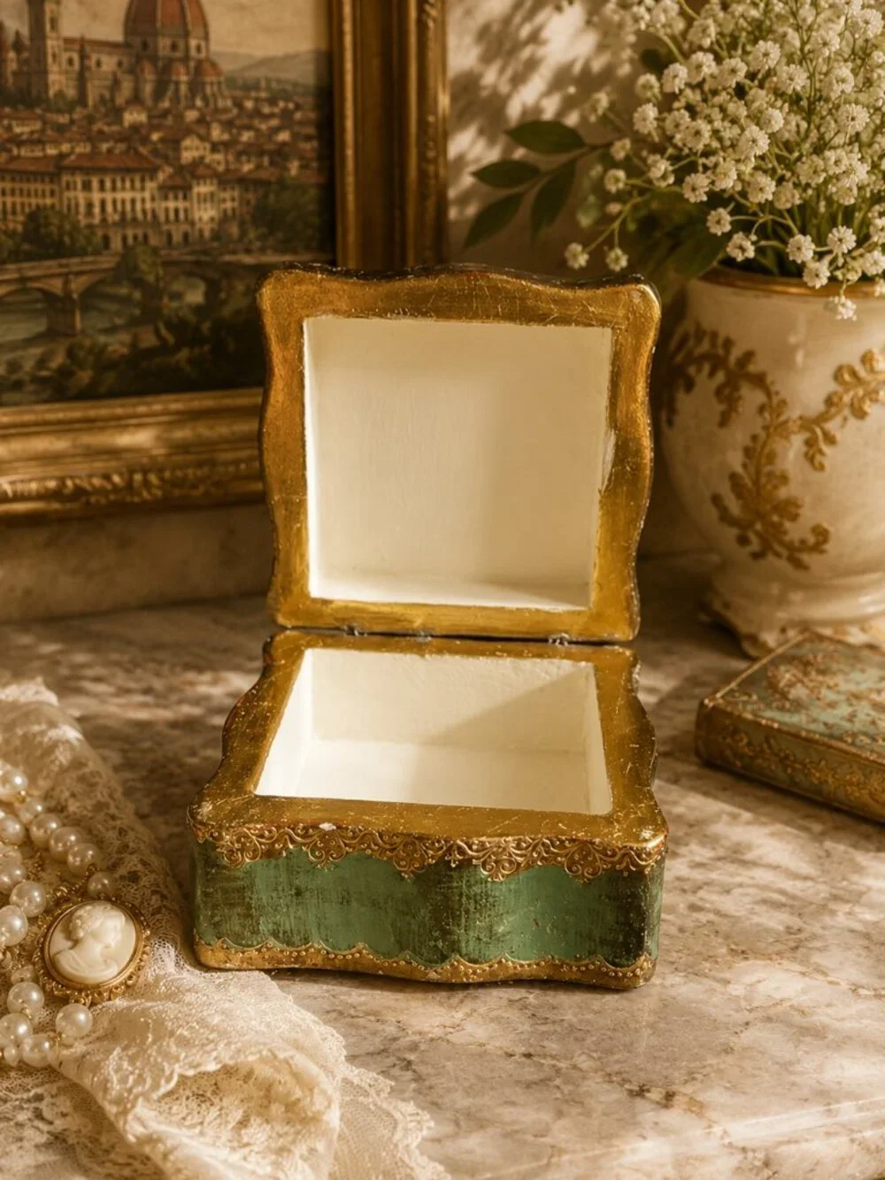 Vintage Italian Florentine Gold Leaf Gilt Hand-Painted Carved Wooden Jewelry Box